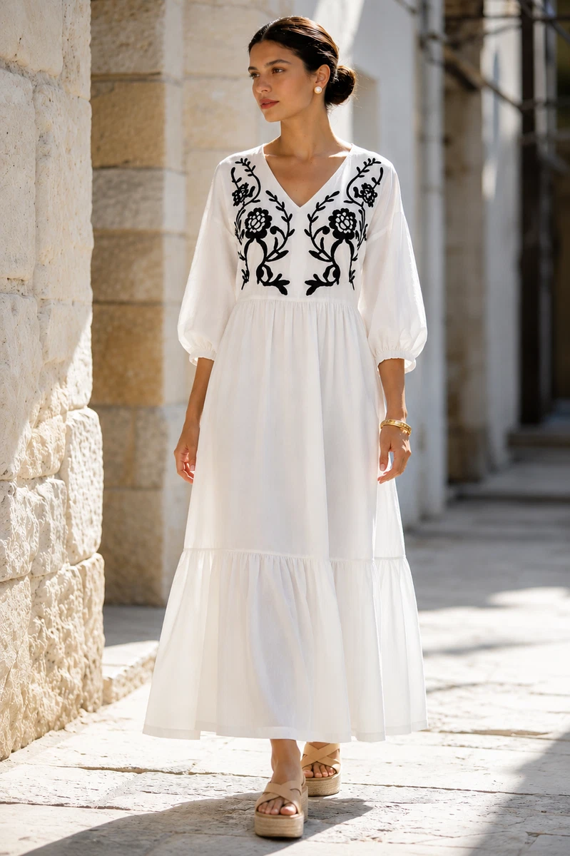long white peasant dress Cotton Poplin Lace-Trim Tiered V-Neck Maxi Dress-White Tribal Fashion Complete with a tiered Peasant White Dresses for Women