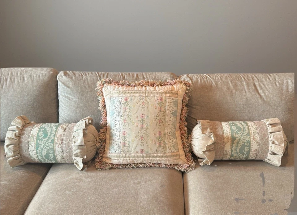 SWEET DREAMS Neiman Marcus Jacquard Pillows floral Set of 3 Floral Bolsters - Image 3 of 4