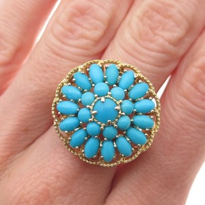 Authentic 925 Sterling Silver Gold Plated Real Turquoise Floral Cluster Ring Size 9.25