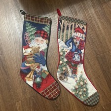 Two Needlepoint Stockings Santa Nutcracker Teddy bear Christmas Velvet Back READ