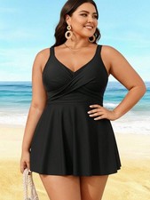 2026 Elegant Plus Size Swim Dress - Black Cross-Front Design Flared Silhouette