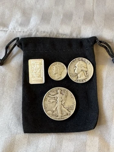 Liberty 1942 1/2 Dollar Coin, 1954 Quarter, 1943 Dime, Bullion Bank 1/10 Silver