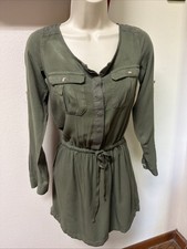 AEO American Eagle Outfitters Olive Green Roll Tab Slv Shirt Dress Women's XXS