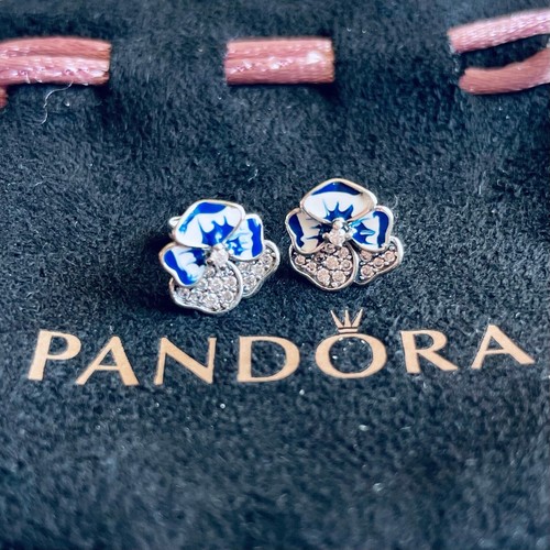NEW Pandora - Silver Blue Flower Pansy Pave CZ Stud Earrings