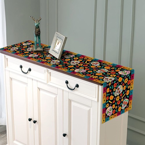 Dia De Los Muertos Table Runner Linen Mexican Sugar Skull Day of The Dead Alt... - Picture 3 of 5