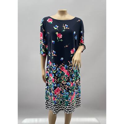 Eliza J Dress Women 16 Navy Blue Floral Print Shift 1/2 Sleeve