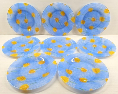 (7) Luminarc Tulip Ciel Salad Plates Set Yellow Floral Dishes Cristal France Lot