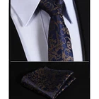 Premium Men's Tie Navy Blue Gold Brown Floral Slim Silk Square Hanky Gift Set UK