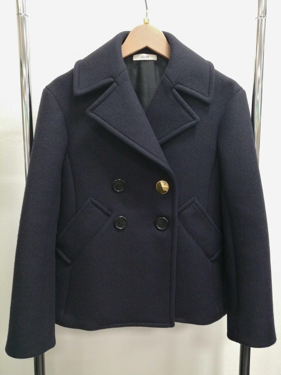 Celine Phoebe Philo 2015 Fall Wool Silk Mix Pea Coat Short Navy