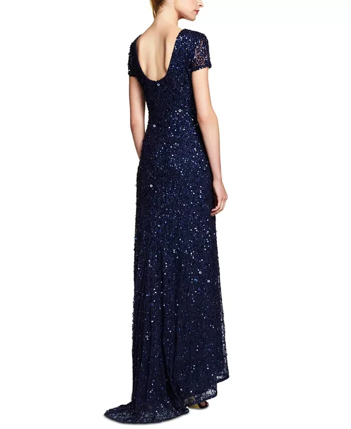 ADRIANNA PAPELL Navy Blue Sequin Embellished Beaded Maxi Gown Dress w/ Train 0P - Image 2 of 4