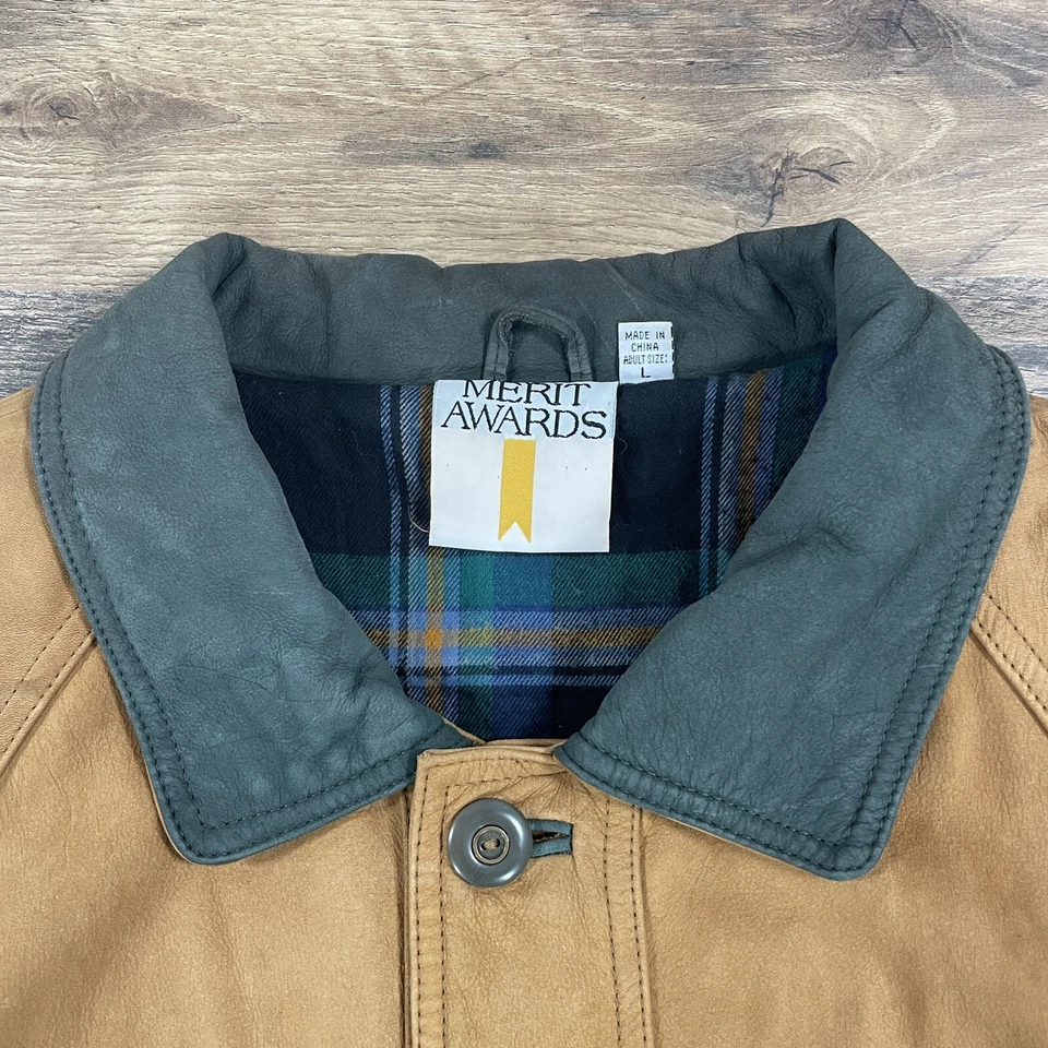 Chaqueta de cuero Merit Awards para hombre grande marrón suave nobuck franela forrada abrigo de granero Foto 3 de 4