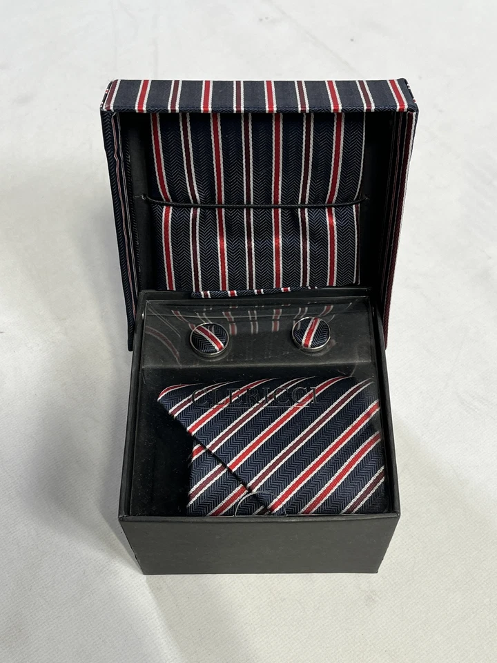 Corbata a rayas roja negra Clericci para hombre con cuadrado de bolsillo y gemelos a juego NUEVA Foto 2 de 3