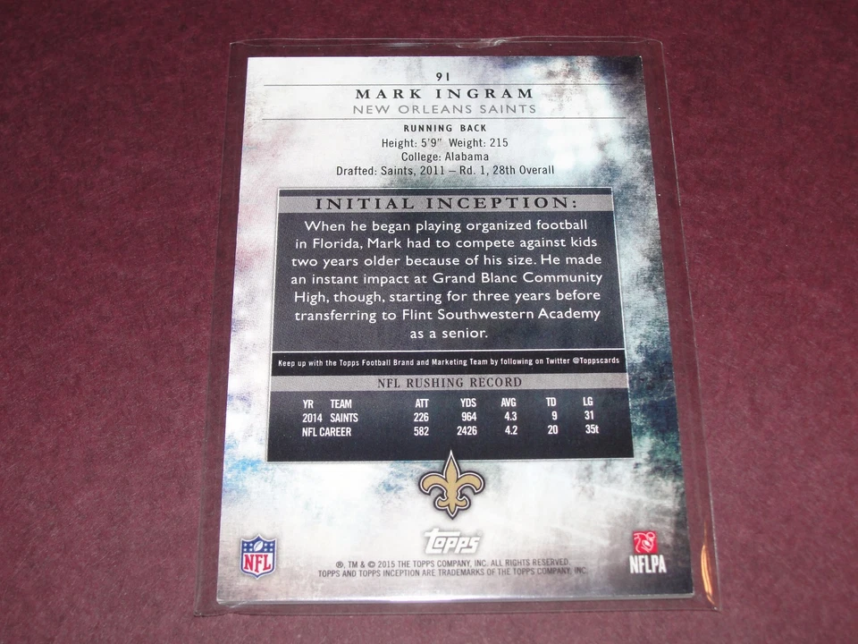 2015 Inception MARK INGRAM JR #91 Green Variant/150 New Orleans SAINTS Alabama - Image 2 of 2