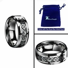 8mm Men's Tungsten Carbide Black Carbon Fiber Dragon Inlay Wedding Band Ring