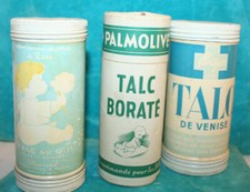Ancienne Boite de Talc, 2 tole litho et 1 carton-PLASSARD G11-PALMOLIVE-FLORIGEX