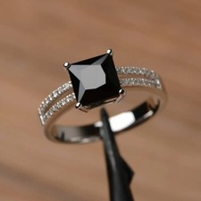 3Ct Princess Cut Black Diamond Solitaire Engagement Ring 14ct White Gold Finish