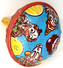 Vintage US Metal Toy MFG Co Tin Litho Plastic Handle Clown Noisemaker Rattle MCM