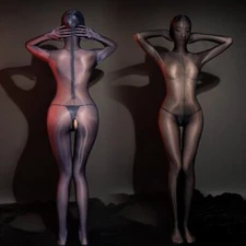 Women's Shiny Sheer Spandex Zipper Full Bodystocking Jumpsuit With Gloves & Hood