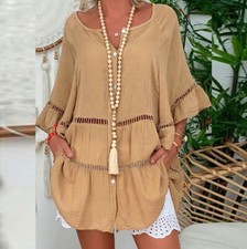 Summer Women's Cotton and Linen V-neck Loose Hollow Three-quarter Sleeve Dress