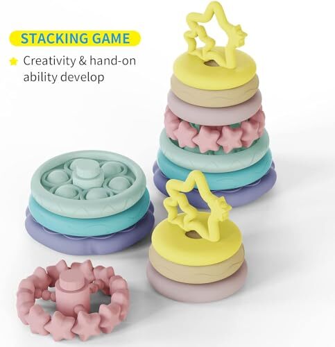 7 Pcs Stacking Toys Baby Toys, Toddler Montessori Sensory Soft Rings Stacker, - Picture 2 of 6