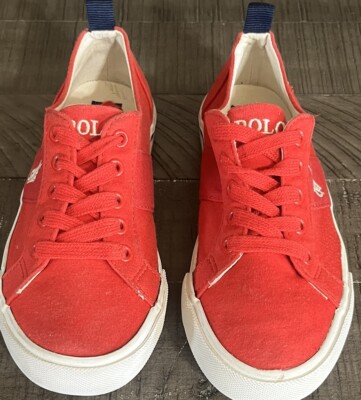 POLO Ralph Lauren Canvas Sneakers Red Low Top Lace Up Shoes Youth Girls Size 2