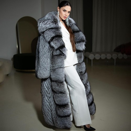 Winter Women's Natural Real Silver Fox Fur Coat Big Shawl Overcoat Thick Outwear
