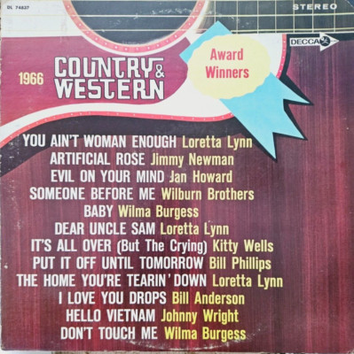 1966 Country & Western Award Winners LP Loretta Lynn Kitty Wells Bill Anderson
