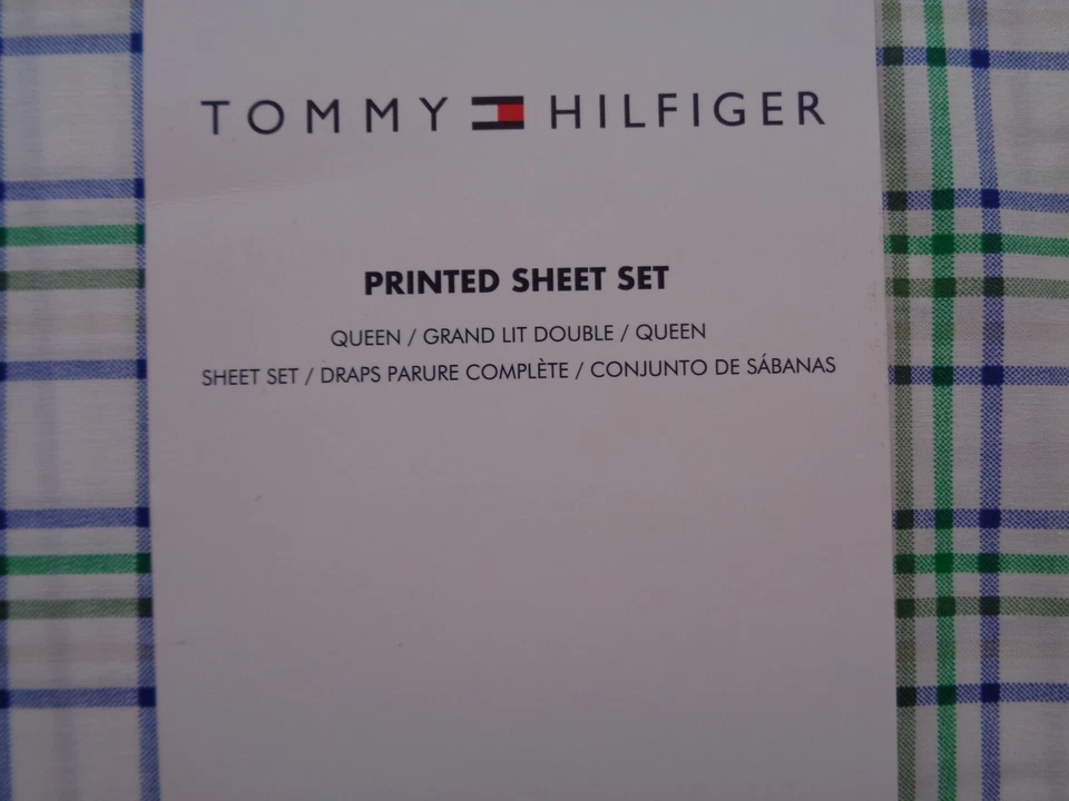 Tommy Hilfiger White Blue Green Windowpane Plaid Queen Printed Sheet Set Cotton - Image 3 of 4