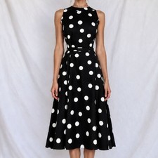 Vintage Y2K 90s Black White Polka Dot Sleeveless Knee Length Flared Dress Size M
