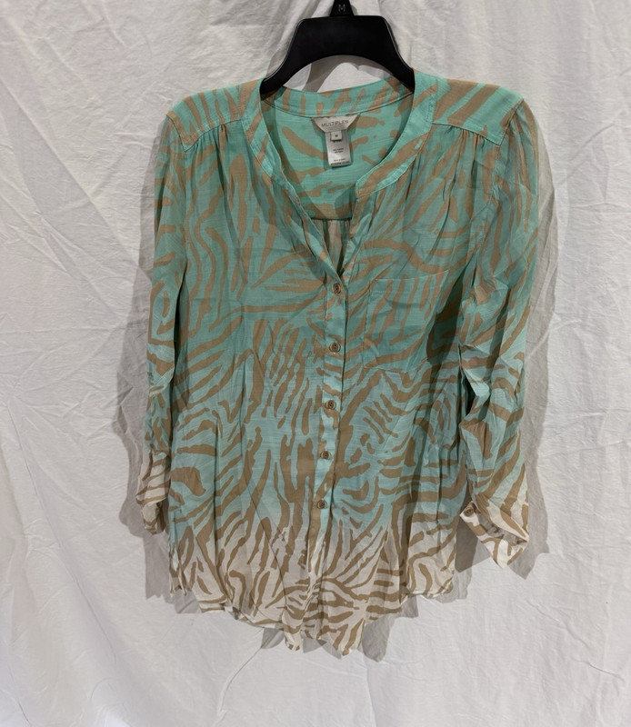 Multiples Women’s Blue Beige Animal Print Woven V-Neck 3/4 Button Tunic Blouse M
