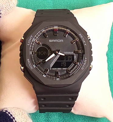 SANDA 6016 Analog-Digital Quartz Sport Black Resin Strap Backlight Watch Only