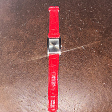 Gucci Women's Rectangular Analog Quartz Watch Silver Dial Red Leather Strap