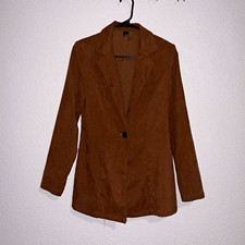 Womens Brown Solid Cotton Blazer Jacket Lined Collared Button Long Sleeve Sz S
