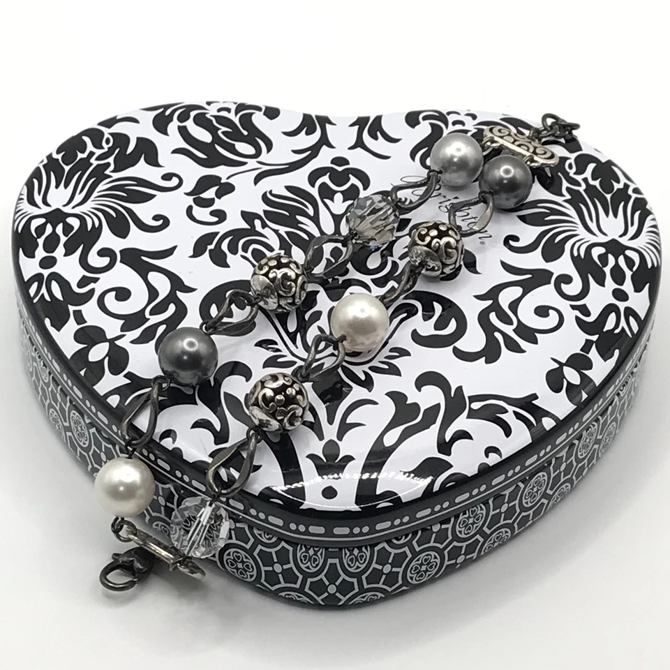 Brighton Chain Link Bracelet Blackened Silver Plate Faux Pearls White & Black - Image 4 of 4