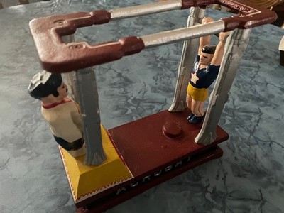 Vintage Mechanical Bank Cast Iron Kicking Acrobat Moves By Bits N Pieces! WORKS!