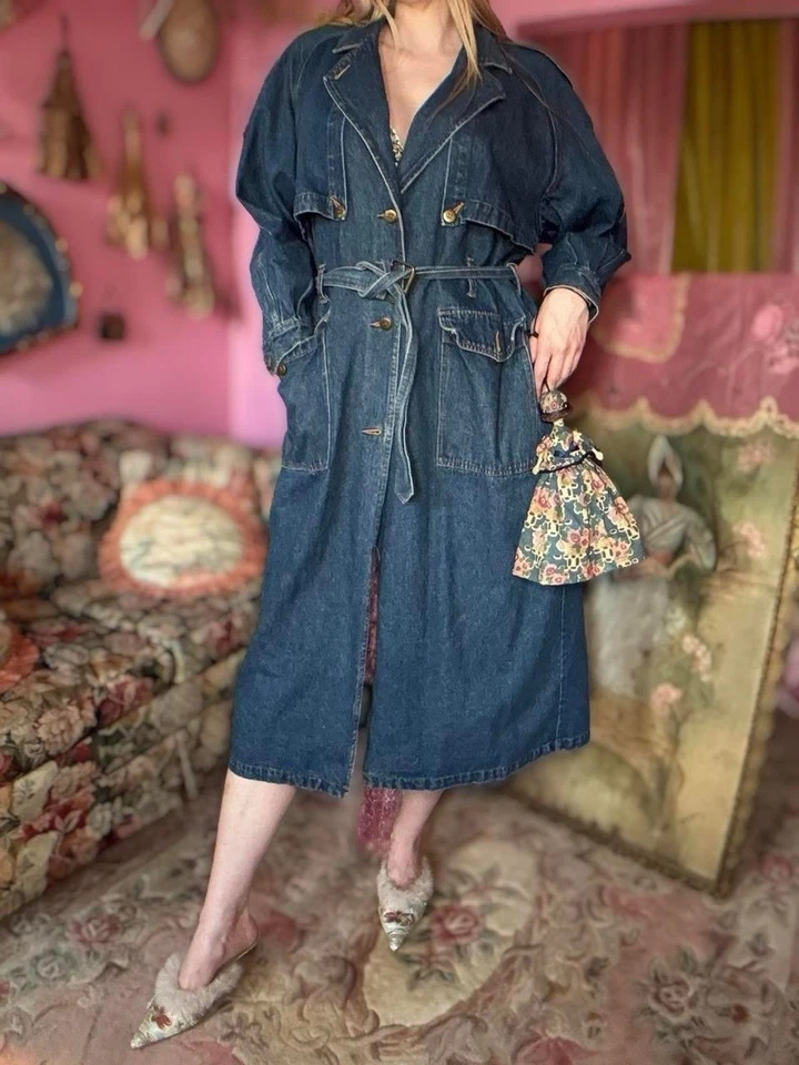 Gabardina de mezclilla índigo de gran tamaño 100 % algodón años 80, talla L-XL Foto 4 de 4