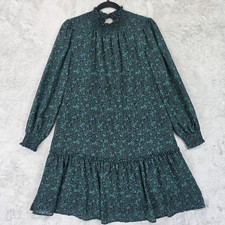 J.Crew Dress Womens S Green Floral High Neck Smocked Swing Ruffle Mini