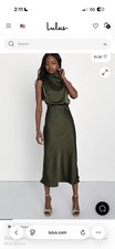 Lulus Olive Green Satin Asymmetric High Neck Sleeveless Midi Dress medium