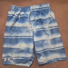 Boys Under Armour YMD Youth Medium Swim Trunks Board Shorts Logo Blue Striped