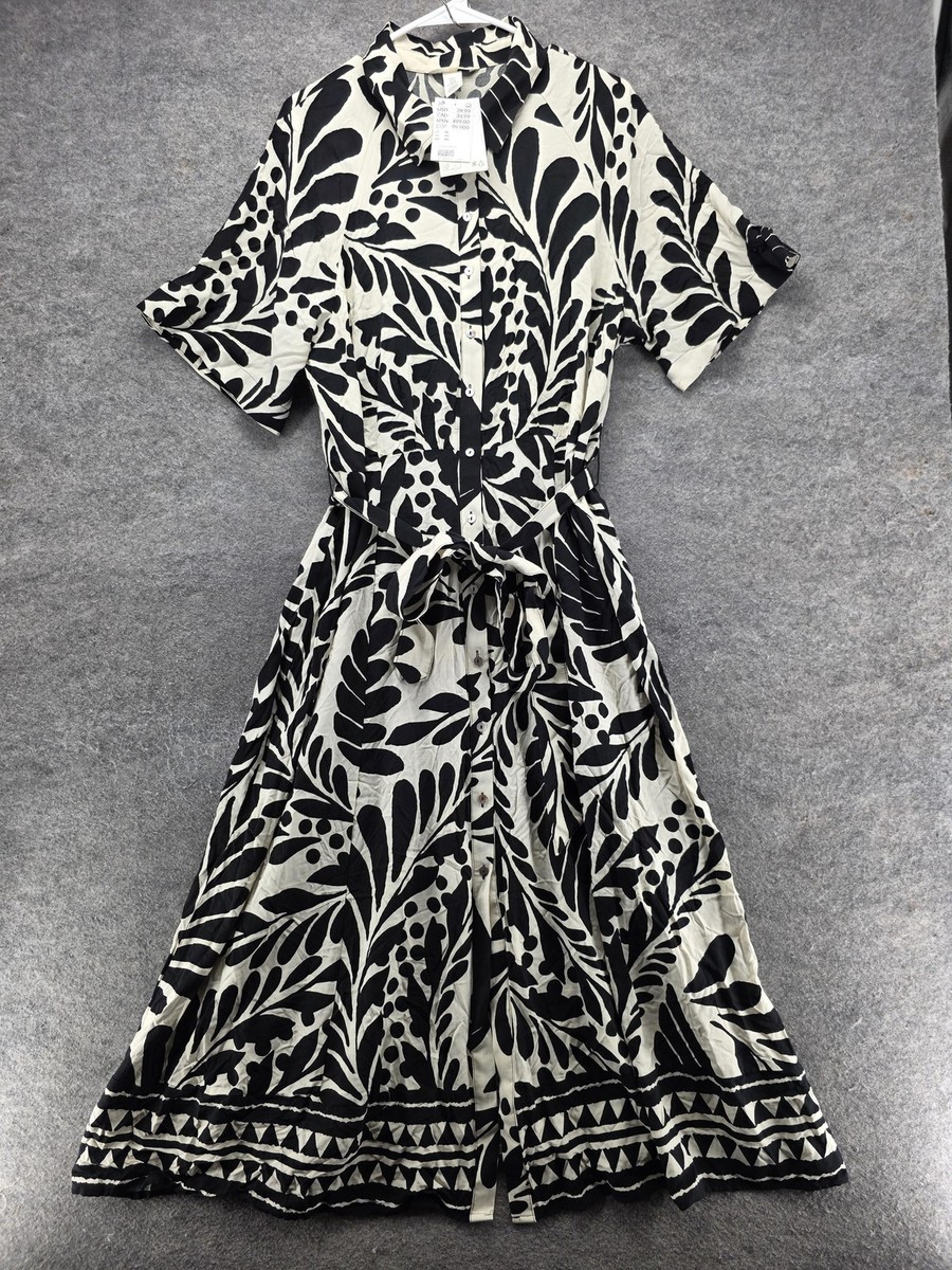 H&M Shirt Dress Womens XL Black Floral Collared Belted Button Front Casual  | eBay