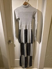 Vintage 1970s Wenjilli Metallic  Silver Black Glitter Fitted Maxi Dress Size S/M