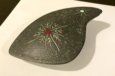 MCM Jaru Sputnik Candy Dish w/Lid Mottled Black Matte RedBlue Starbursts Ceramic