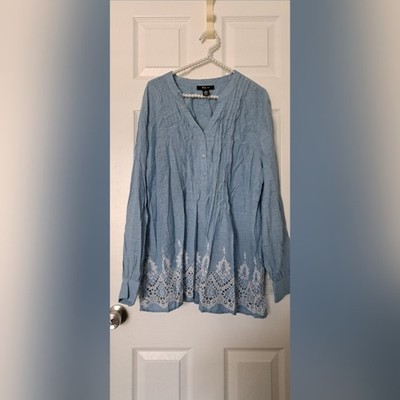 Style & Co Light Blue Embroidered Hem Popover Top Blouse Cotton Size XL