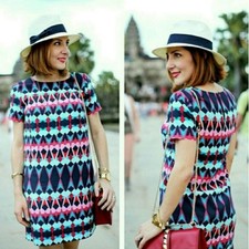 J. Crew Geometric Design Shift Dress Size 0 Blue Pink Lightweight Satin Artsy