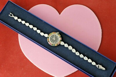 925 STERLING SILBER 14 KT WEISSVERGOLDET ARMBANDUHR MIT MONDSTEIN & TURMALIN 