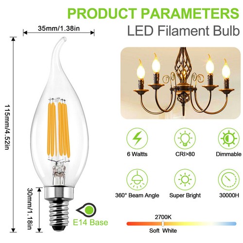 6PCS E14 C35 LED Candelabra Bulbs 4W 6W 60W Dimmable Chandelier Bulbs Warm White - Picture 17 of 26
