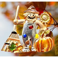 Scarecrow Brooch Pin New Fall Thanksgiving Pumpkin Autumn Leaves Rake Sunflower