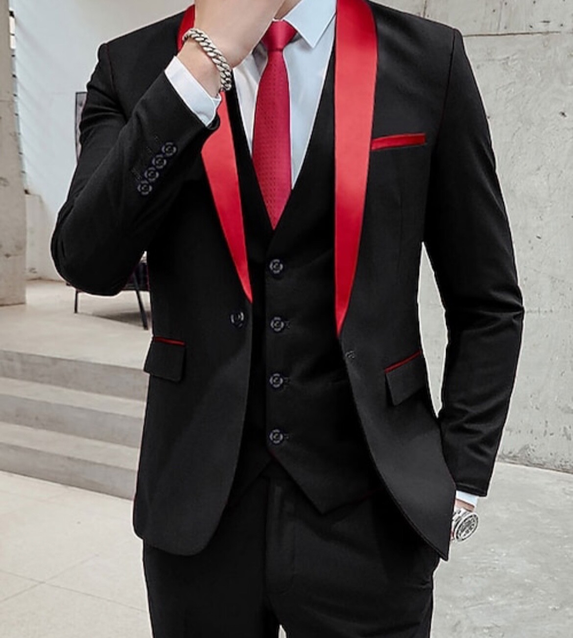 3 piece suit for men black and burgundy red trim