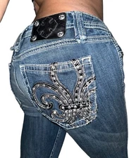 Miss Me Buckle Denim Rhinestone Leather Fleur De Lis Sexy Jeans 29 Long 31X34