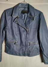 Ladies Denim Blue Biker Jacket In A Coated Fabric From Bernardo. Fit Size 10-12